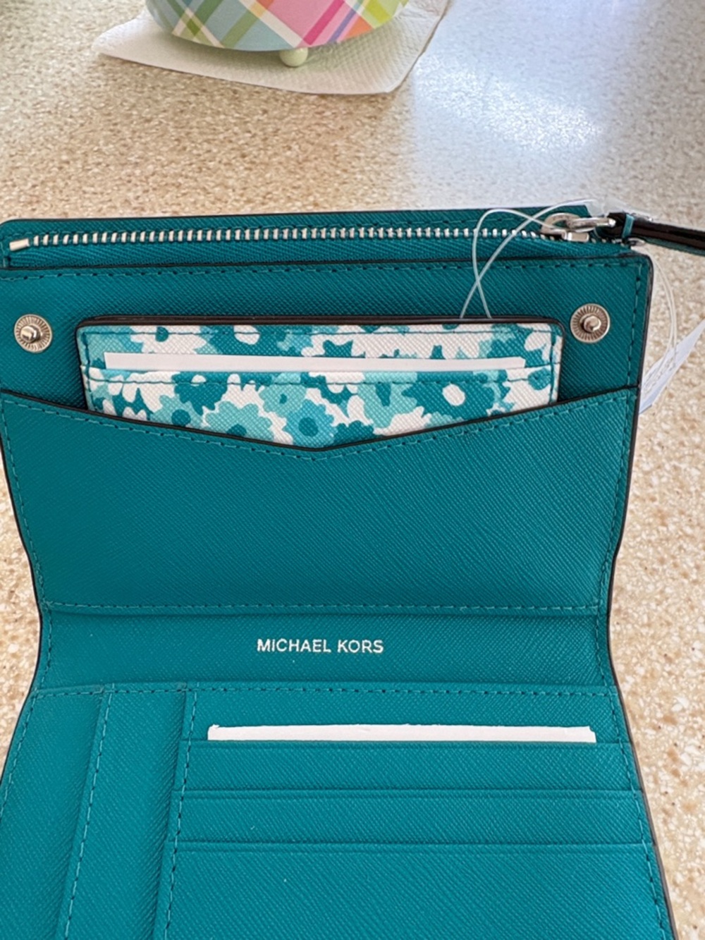 Michael Kors Teal Floral Medium Card Case Wallet - Picture 3 of 10